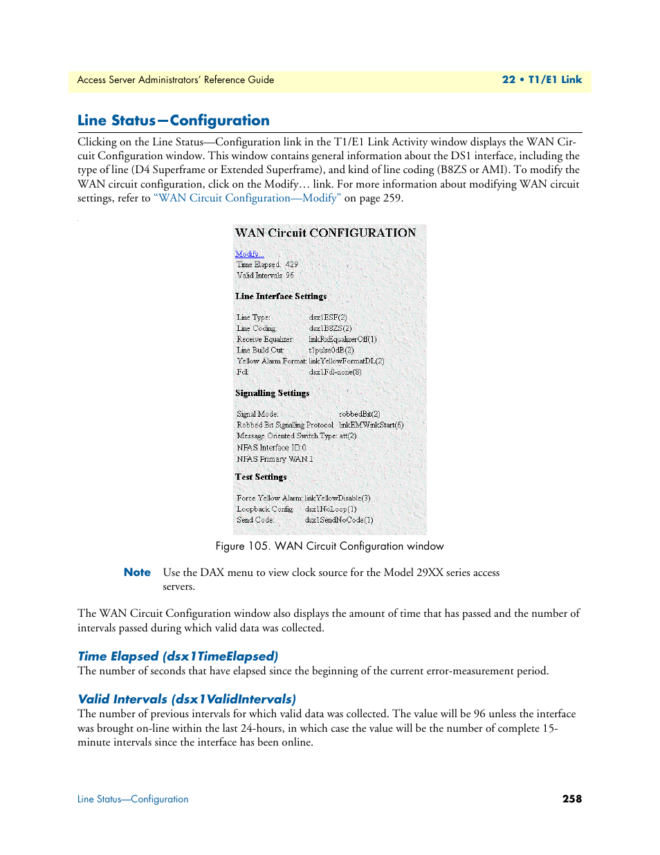 Line status-configuration, Time elapsed (dsx1timeelapsed), Valid intervals (dsx1validintervals) | Line status—configuration, Line sta, Tus—configuration | Patton electronic 29XX User Manual | Page 258 / 326