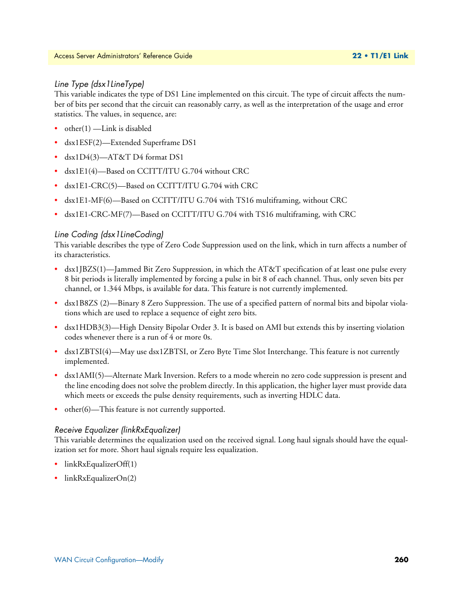 Line type (dsx1linetype), Line coding (dsx1linecoding), Receive equalizer (linkrxequalizer) | Patton electronic 29XX User Manual | Page 260 / 326