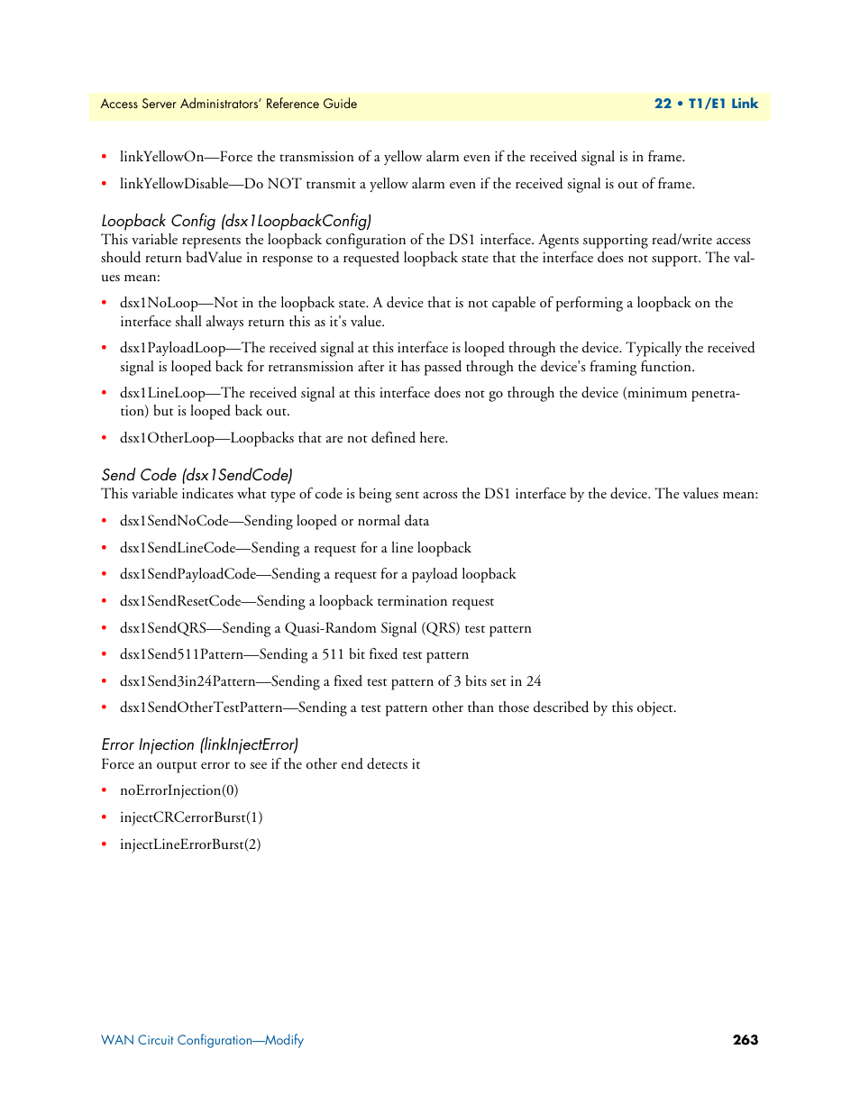 Loopback config (dsx1loopbackconfig), Send code (dsx1sendcode), Error injection (linkinjecterror) | Patton electronic 29XX User Manual | Page 263 / 326
