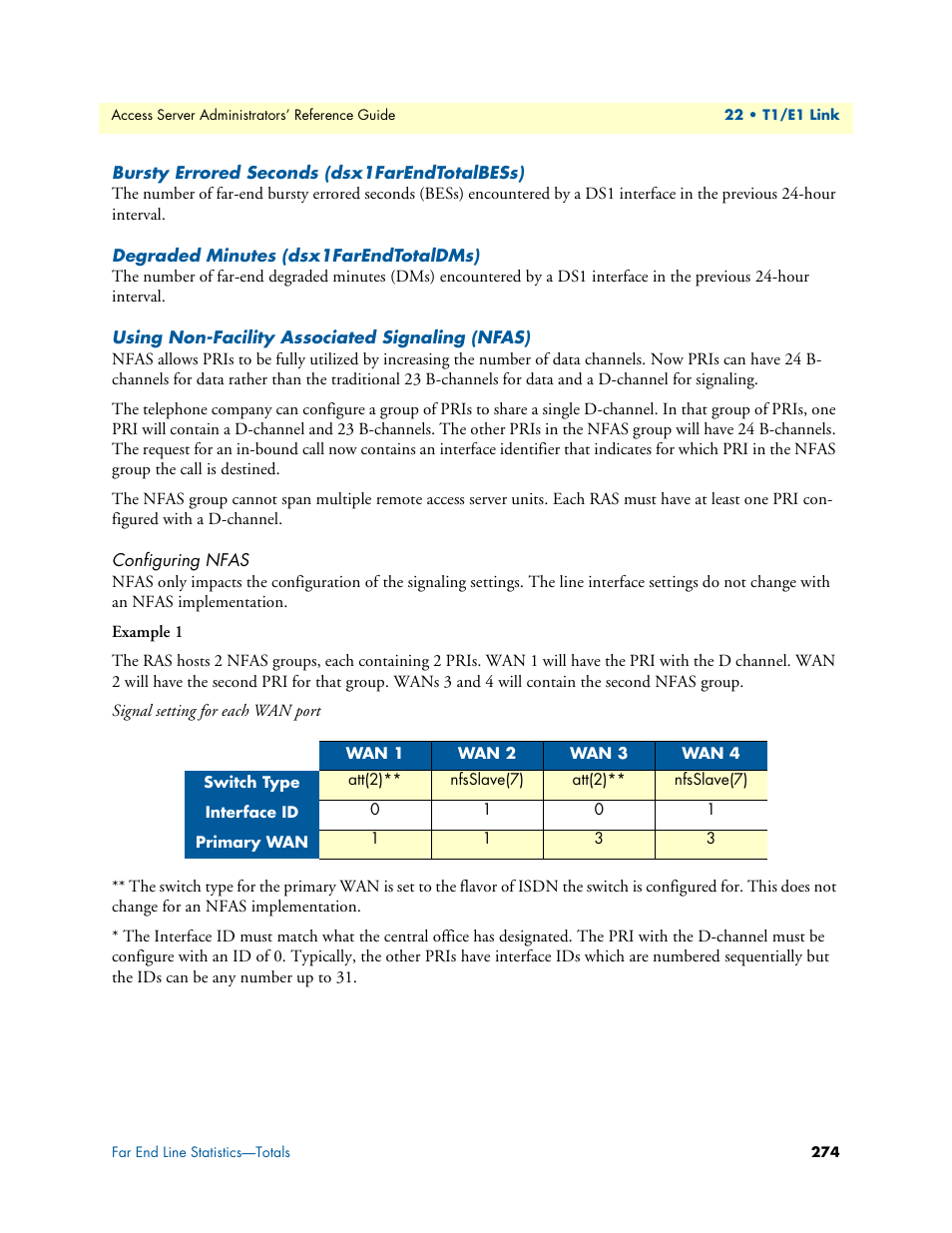 Bursty errored seconds (dsx1farendtotalbess), Degraded minutes (dsx1farendtotaldms), Using non-facility associated signaling (nfas) | Configuring nfas | Patton electronic 29XX User Manual | Page 274 / 326