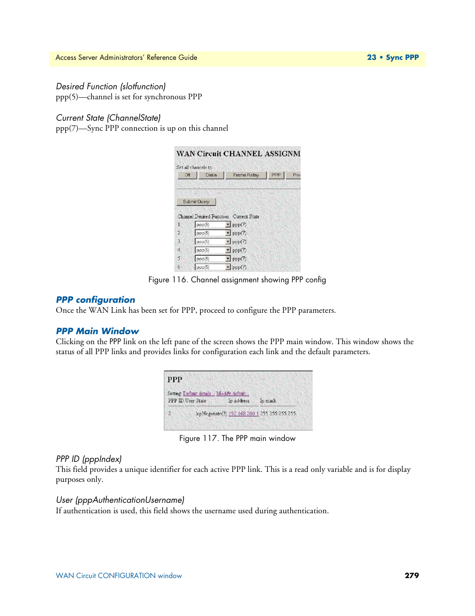 Desired function (slotfunction), Current state (channelstate), Ppp configuration | Ppp main window, Ppp id (pppindex), User (pppauthenticationusername) | Patton electronic 29XX User Manual | Page 279 / 326