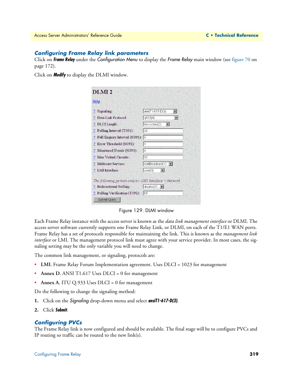 Configuring frame relay link parameters, Configuring pvcs | Patton electronic 29XX User Manual | Page 319 / 326
