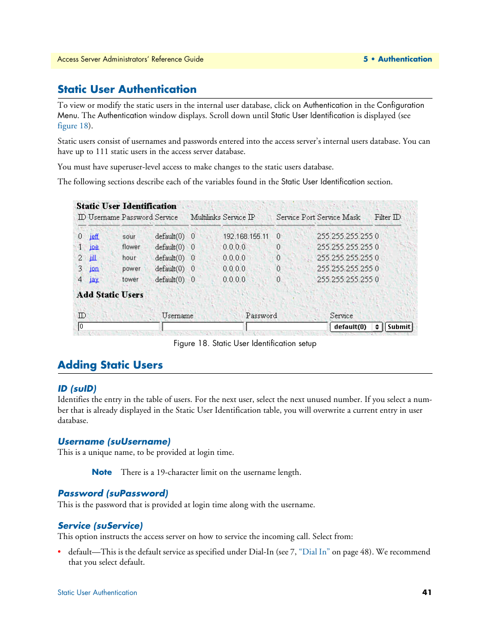 Static user authentication, Adding static users, Id (suid) | Username (suusername), Password (supassword), Service (suservice) | Patton electronic 29XX User Manual | Page 41 / 326