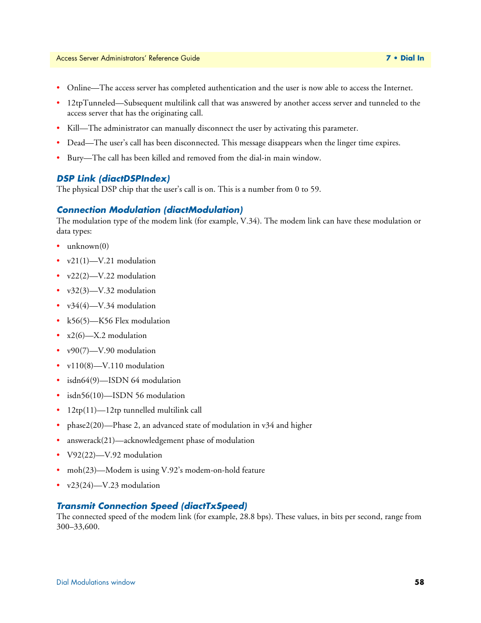 Dsp link (diactdspindex), Connection modulation (diactmodulation), Transmit connection speed (diacttxspeed) | Patton electronic 29XX User Manual | Page 58 / 326