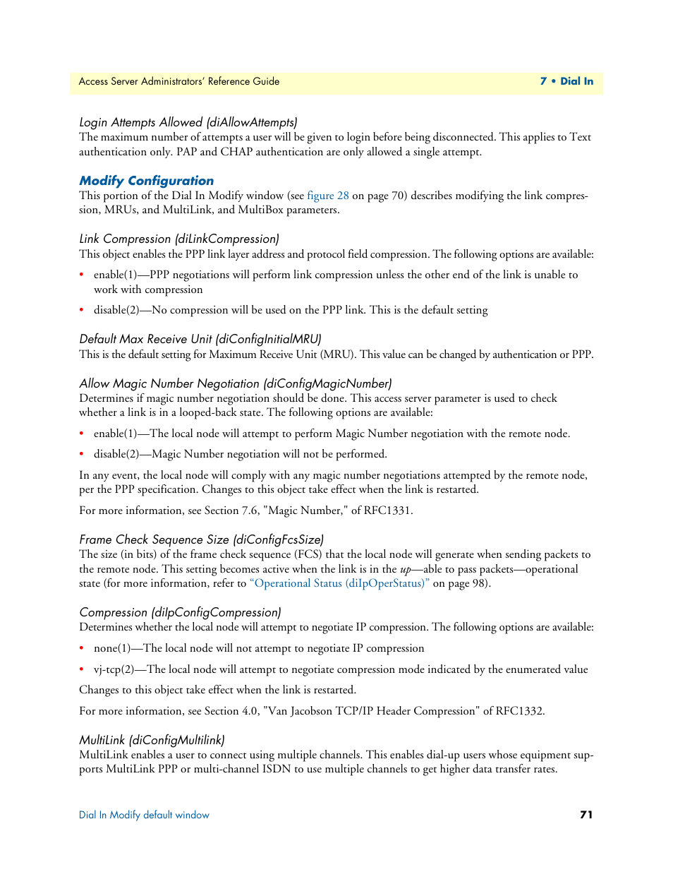 Login attempts allowed (diallowattempts), Modify configuration, Link compression (dilinkcompression) | Default max receive unit (diconfiginitialmru), Frame check sequence size (diconfigfcssize), Compression (diipconfigcompression), Multilink (diconfigmultilink) | Patton electronic 29XX User Manual | Page 71 / 326