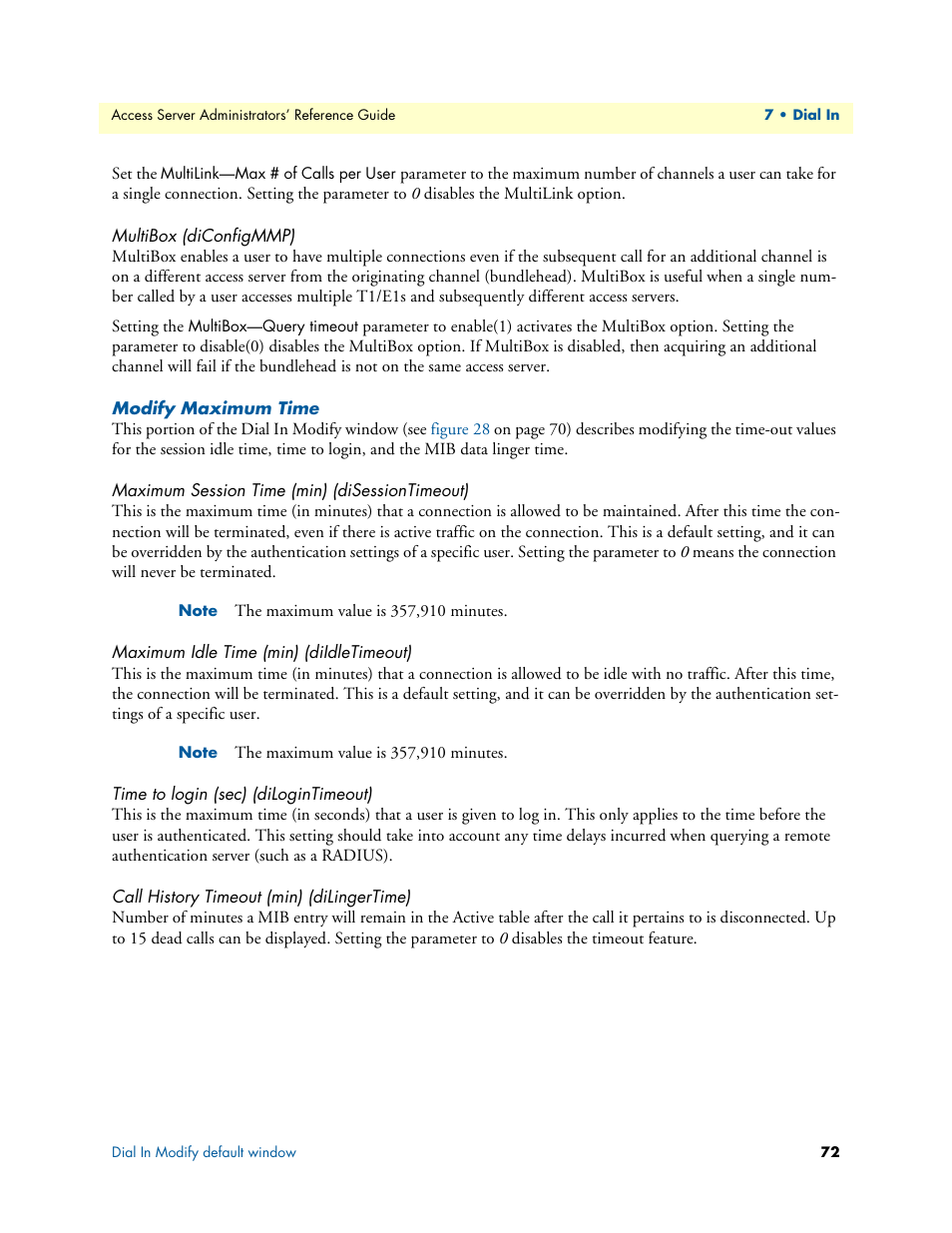 Multibox (diconfigmmp), Modify maximum time, Maximum session time (min) (disessiontimeout) | Maximum idle time (min) (diidletimeout), Time to login (sec) (dilogintimeout), Call history timeout (min) (dilingertime) | Patton electronic 29XX User Manual | Page 72 / 326