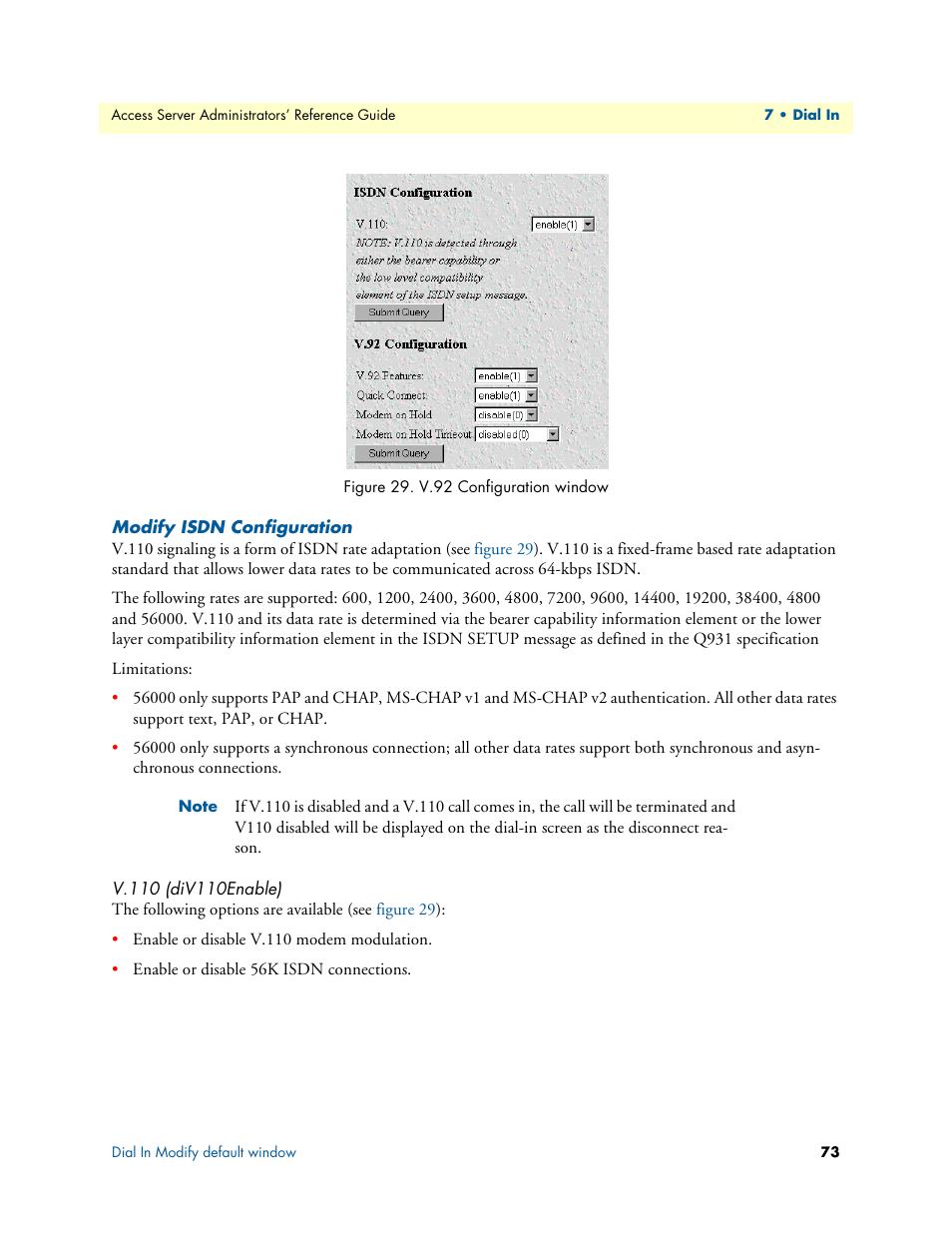 Modify isdn configuration, V.110 (div110enable) | Patton electronic 29XX User Manual | Page 73 / 326