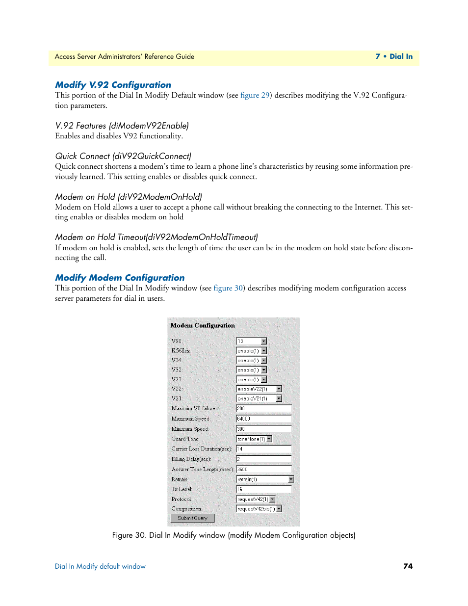 Modify v.92 configuration, V.92 features (dimodemv92enable), Quick connect (div92quickconnect) | Modem on hold (div92modemonhold), Modem on hold timeout(div92modemonholdtimeout), Modify modem configuration | Patton electronic 29XX User Manual | Page 74 / 326