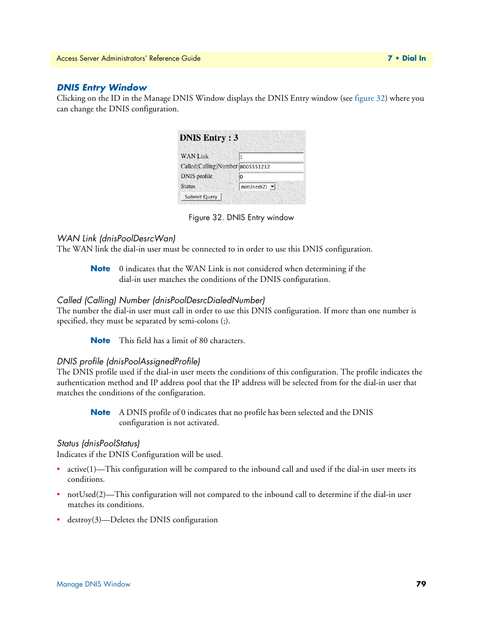 Dnis entry window, Wan link (dnispooldesrcwan), Dnis profile (dnispoolassignedprofile) | Status (dnispoolstatus), Dnis, Entry window | Patton electronic 29XX User Manual | Page 79 / 326