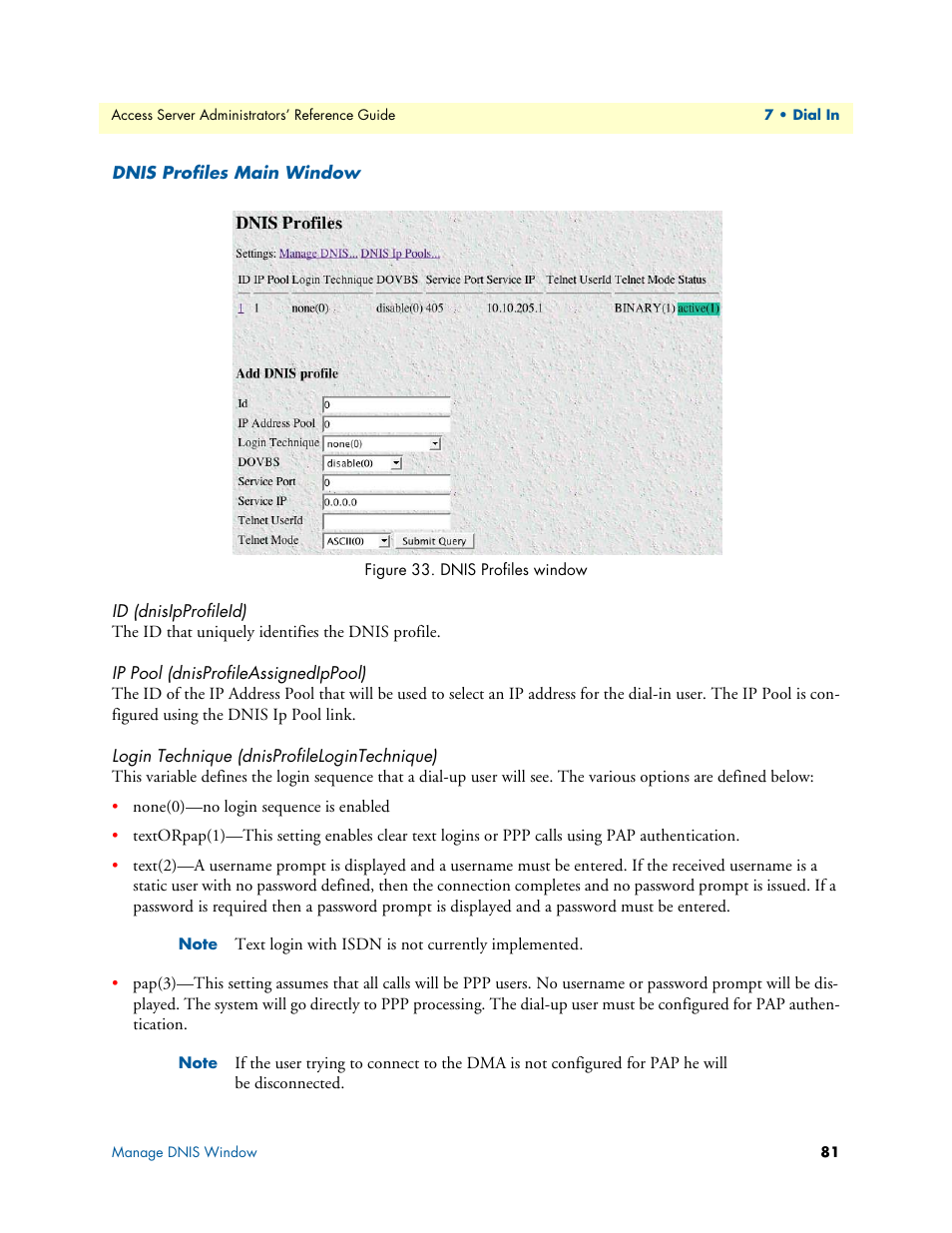 Dnis profiles main window, Id (dnisipprofileid), Ip pool (dnisprofileassignedippool) | Login technique (dnisprofilelogintechnique), Figure 33 | Patton electronic 29XX User Manual | Page 81 / 326