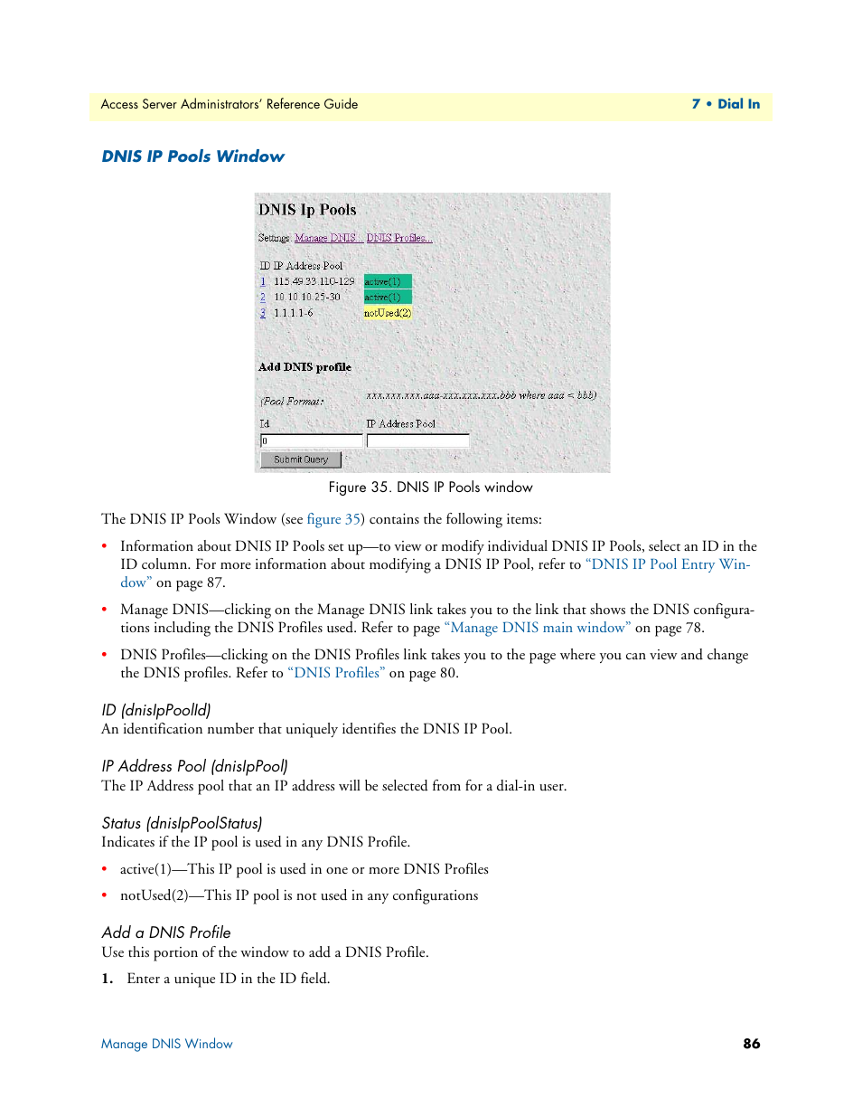 Dnis ip pools window, Id (dnisippoolid), Ip address pool (dnisippool) | Status (dnisippoolstatus), Add a dnis profile | Patton electronic 29XX User Manual | Page 86 / 326