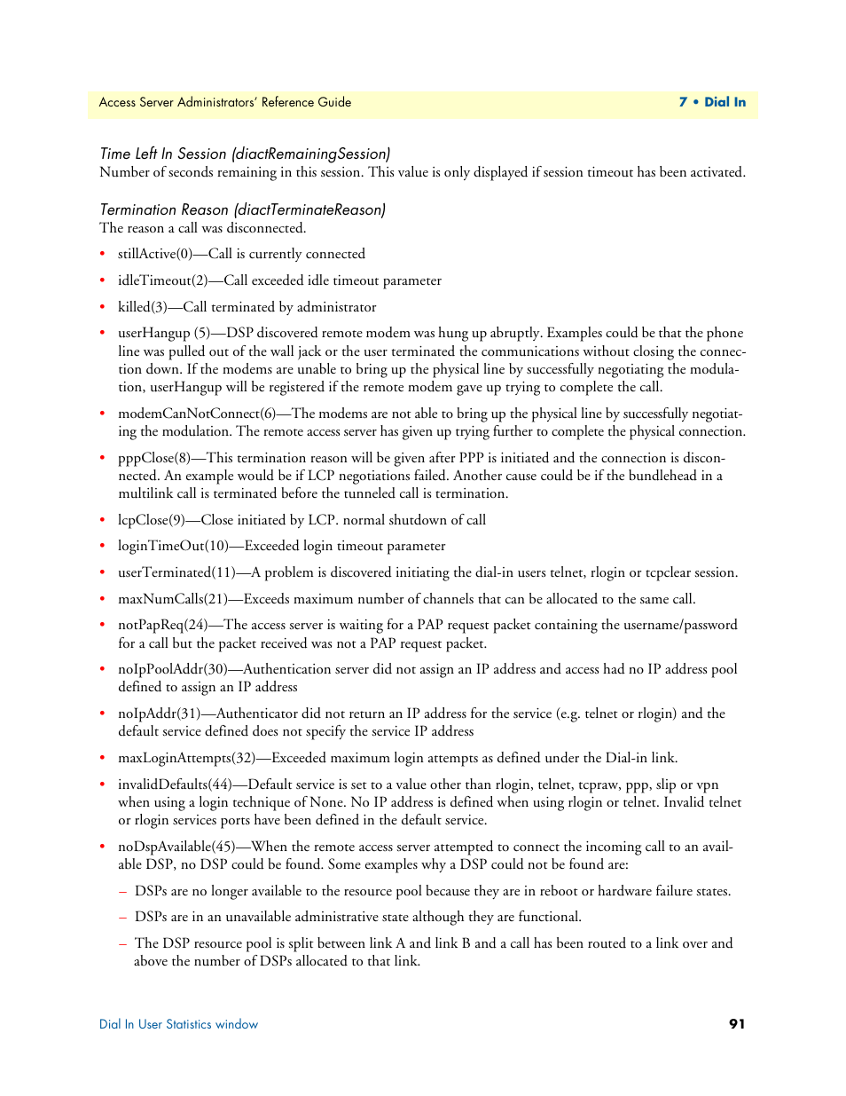 Time left in session (diactremainingsession), Termination reason (diactterminatereason), Termination reason (diactterminaterea | Son) | Patton electronic 29XX User Manual | Page 91 / 326