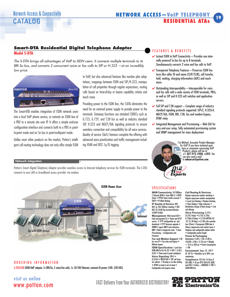 Smart digital telephone adapter, S-dta, Connects one isdn bri so bus | Catalog, Fast delivery from your authorized distributor, Network access & connectivity, Visit us online, Network access— voip telephony residential atas | Patton electronic SN483X User Manual | Page 10 / 30