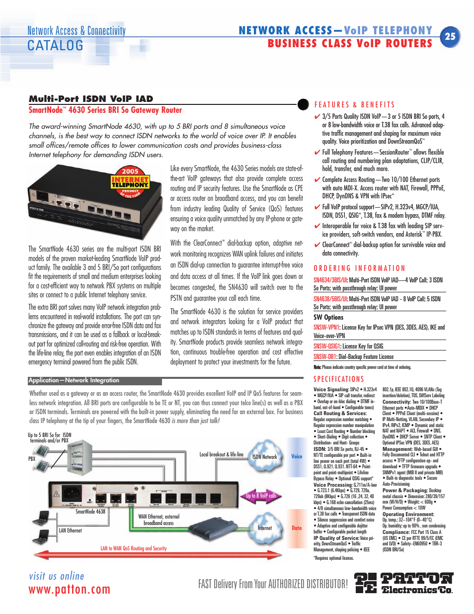 Multi-port isdn voip iad, Pstn breakout capability, ethernet wan access, Sn4630 | Headquarters, for bri pbx connection, Catalog, Fast delivery from your authorized distributor, Network access & connectivity, Visit us online | Patton electronic SN483X User Manual | Page 16 / 30