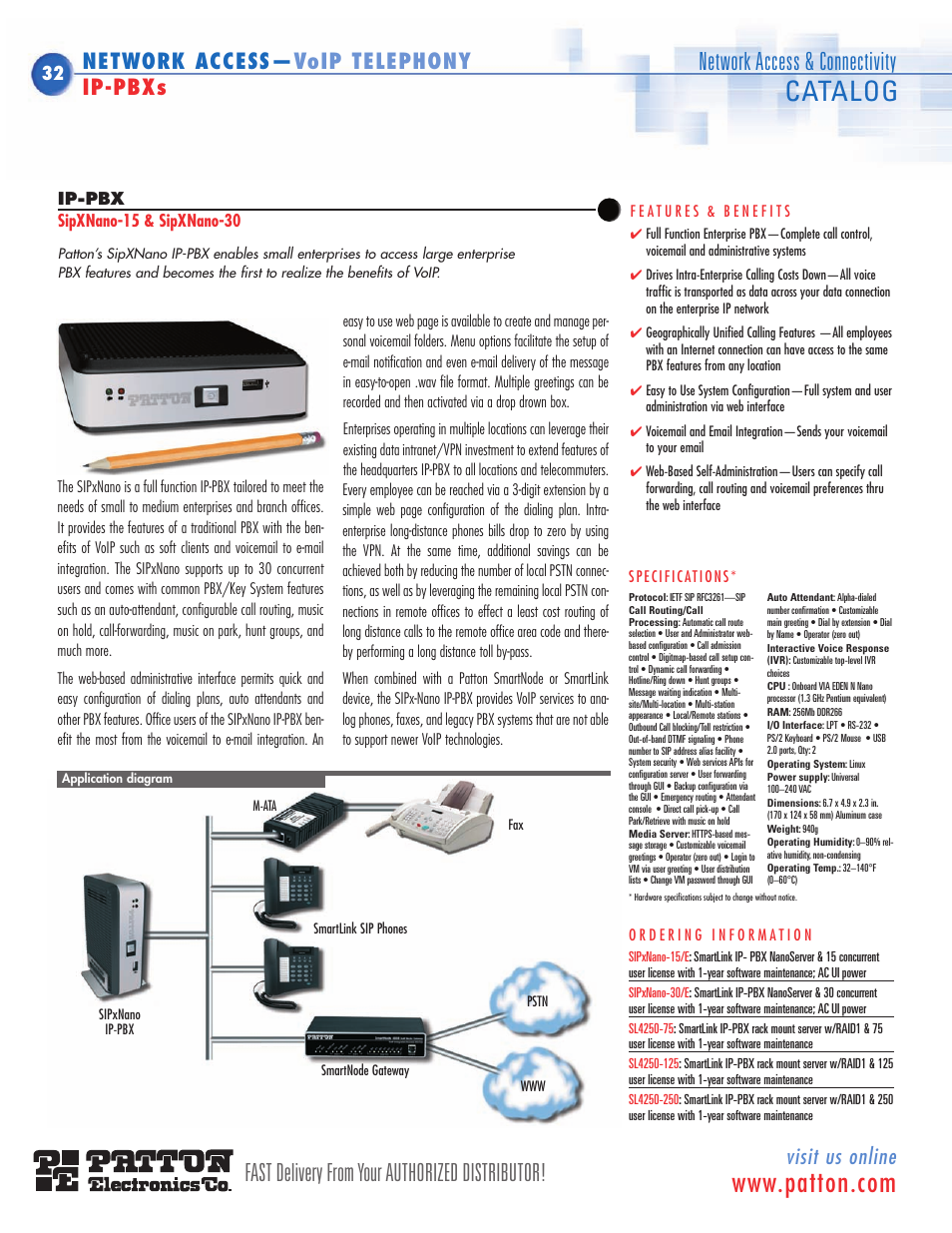 Catalog, Fast delivery from your authorized distributor, Network access & connectivity | Visit us online, Network access— voip telephony ip-pbxs | Patton electronic SN483X User Manual | Page 23 / 30