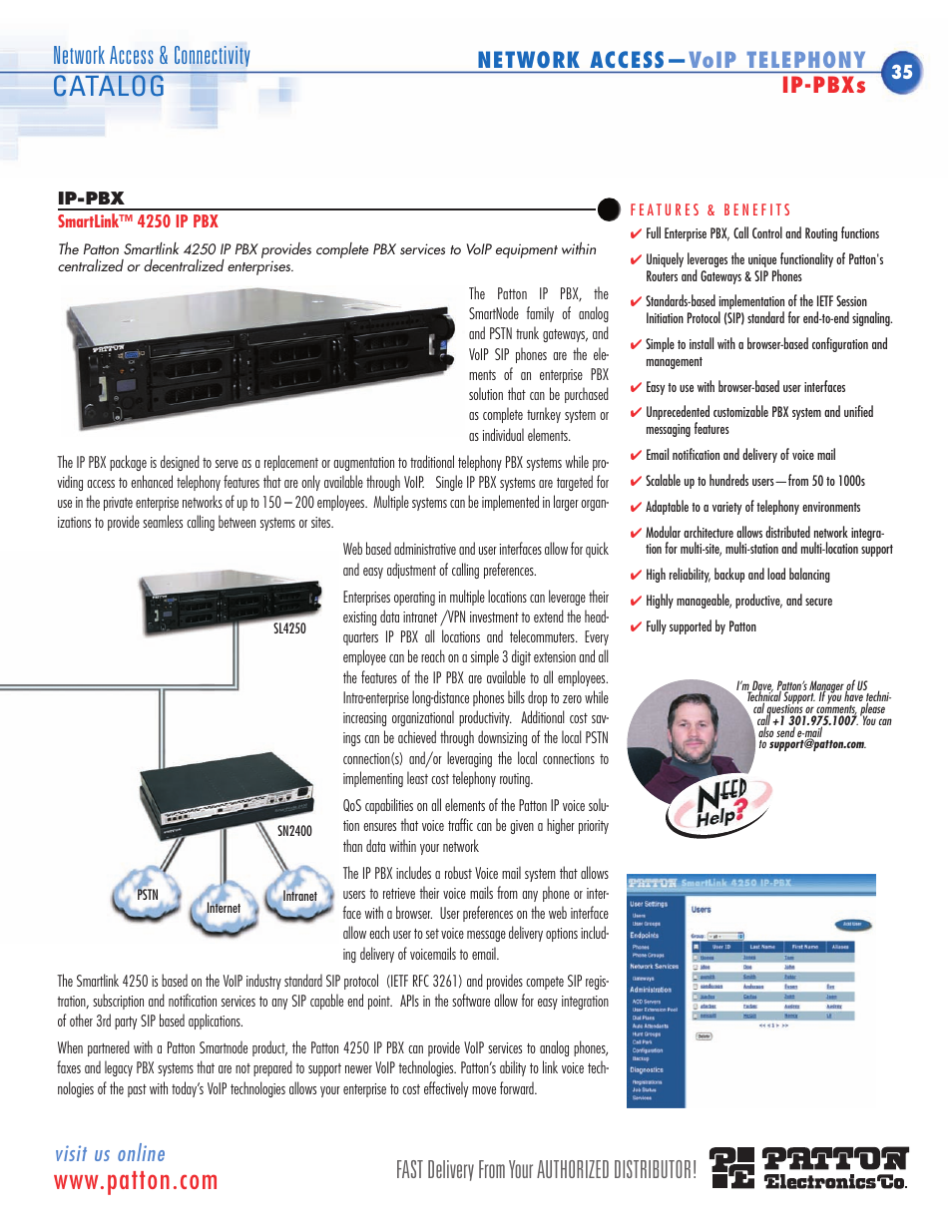 Catalog, Fast delivery from your authorized distributor, Network access & connectivity | Visit us online, Network access— voip telephony ip-pbxs | Patton electronic SN483X User Manual | Page 26 / 30