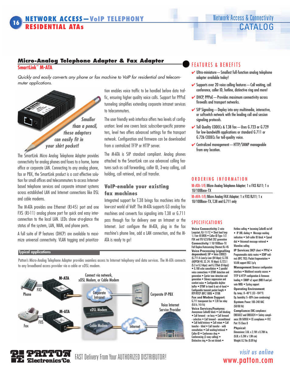 Micro-analog telephone adapter, Micro-analog fax adapter, M-ata | Connects one analog phone, Catalog, Visit us online, Network access— voip telephony residential atas | Patton electronic SN483X User Manual | Page 7 / 30