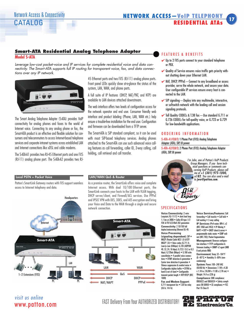 Smart analog telephone adapter, S-ata, Connects one or two analog phones | Catalog, Fast delivery from your authorized distributor, Network access & connectivity, Visit us online, Network access— voip telephony residential atas | Patton electronic SN483X User Manual | Page 8 / 30
