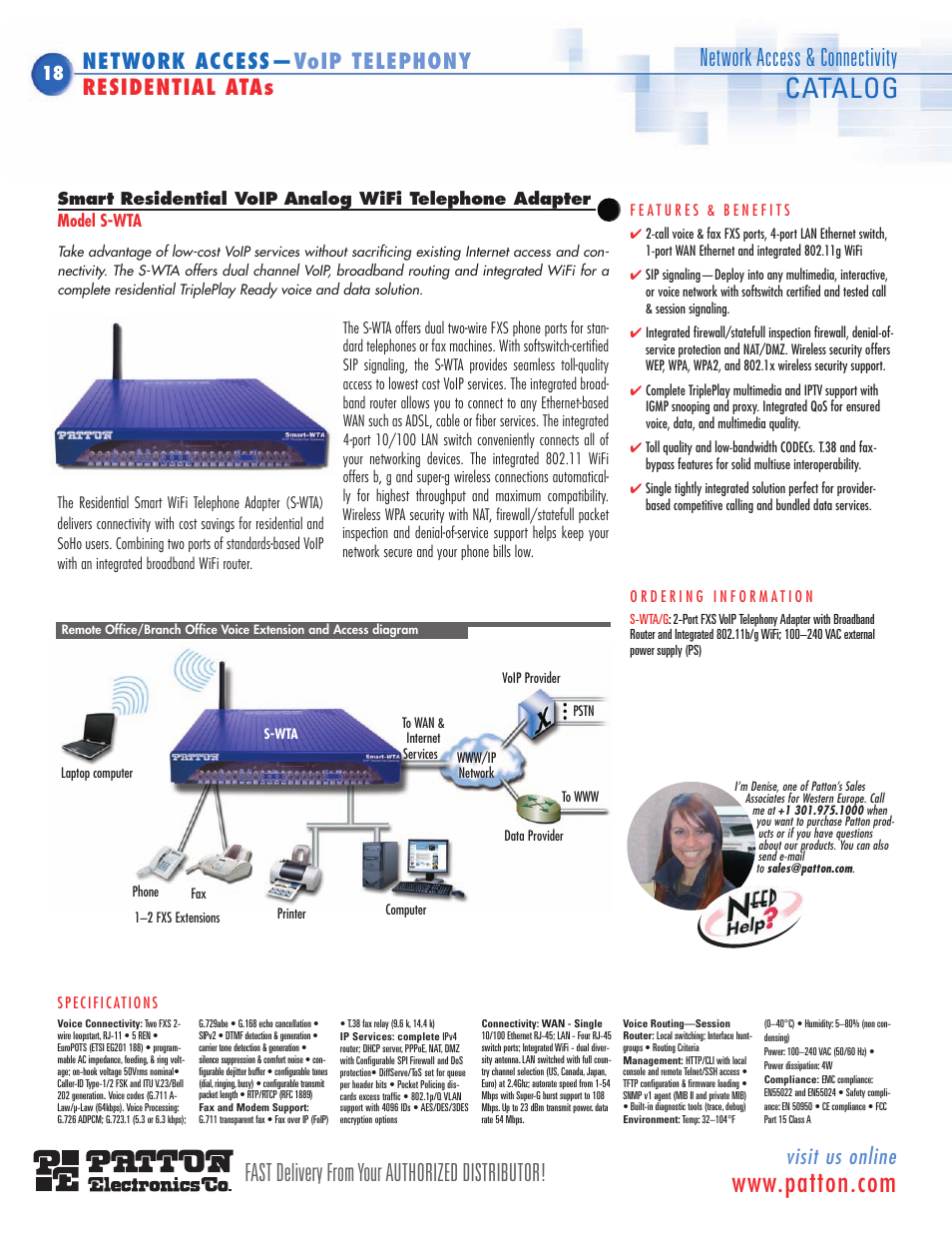 Smart analog wireless telephone adapter, S-wta, Catalog | Fast delivery from your authorized distributor, Network access & connectivity, Visit us online, Network access— voip telephony residential atas | Patton electronic SN483X User Manual | Page 9 / 30