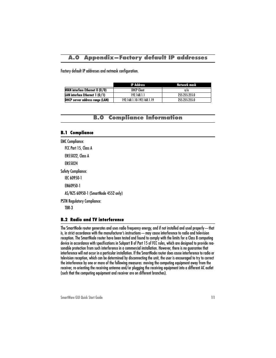 A.0 appendix—factory default ip addresses, B.0 compliance information | Patton electronic SMARTNODE 4552 User Manual | Page 11 / 16