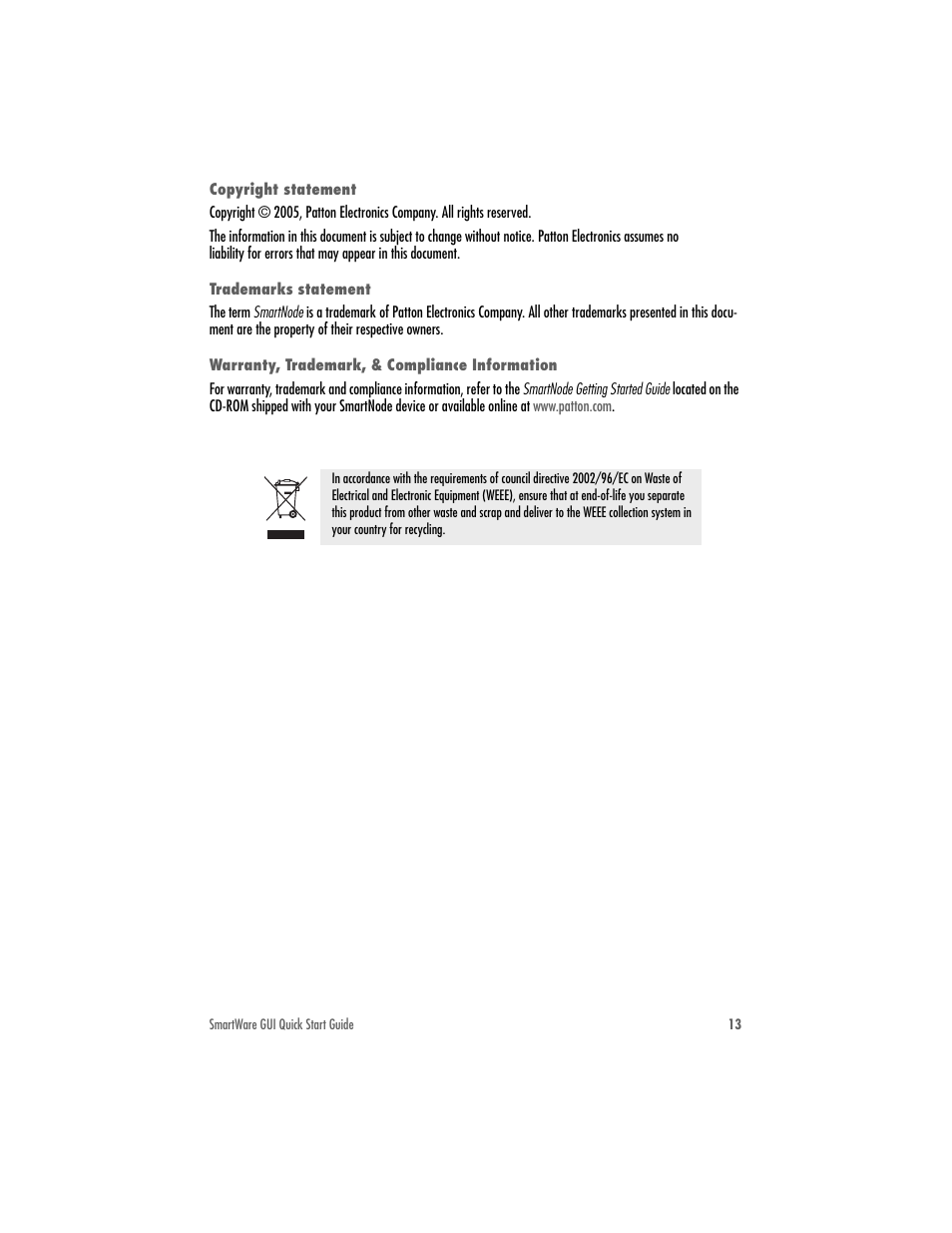 Copyright statement, Trademarks statement, Warranty, trademark, & compliance information | Patton electronic SMARTNODE 4552 User Manual | Page 13 / 16