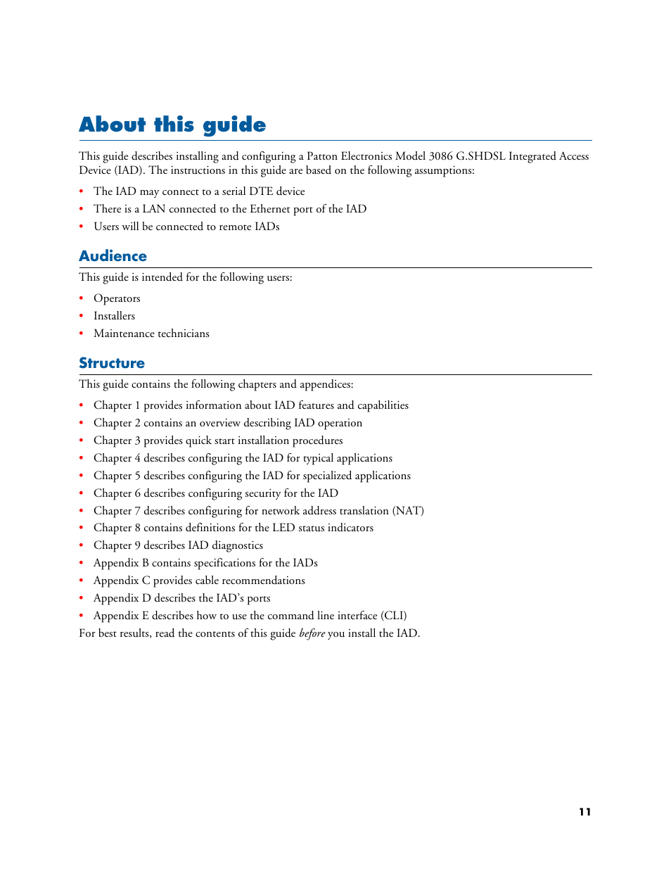 About this guide, Audience, Structure | Audience structure | Patton electronic G.SHDSL INTEGRATED 3086 User Manual | Page 11 / 196