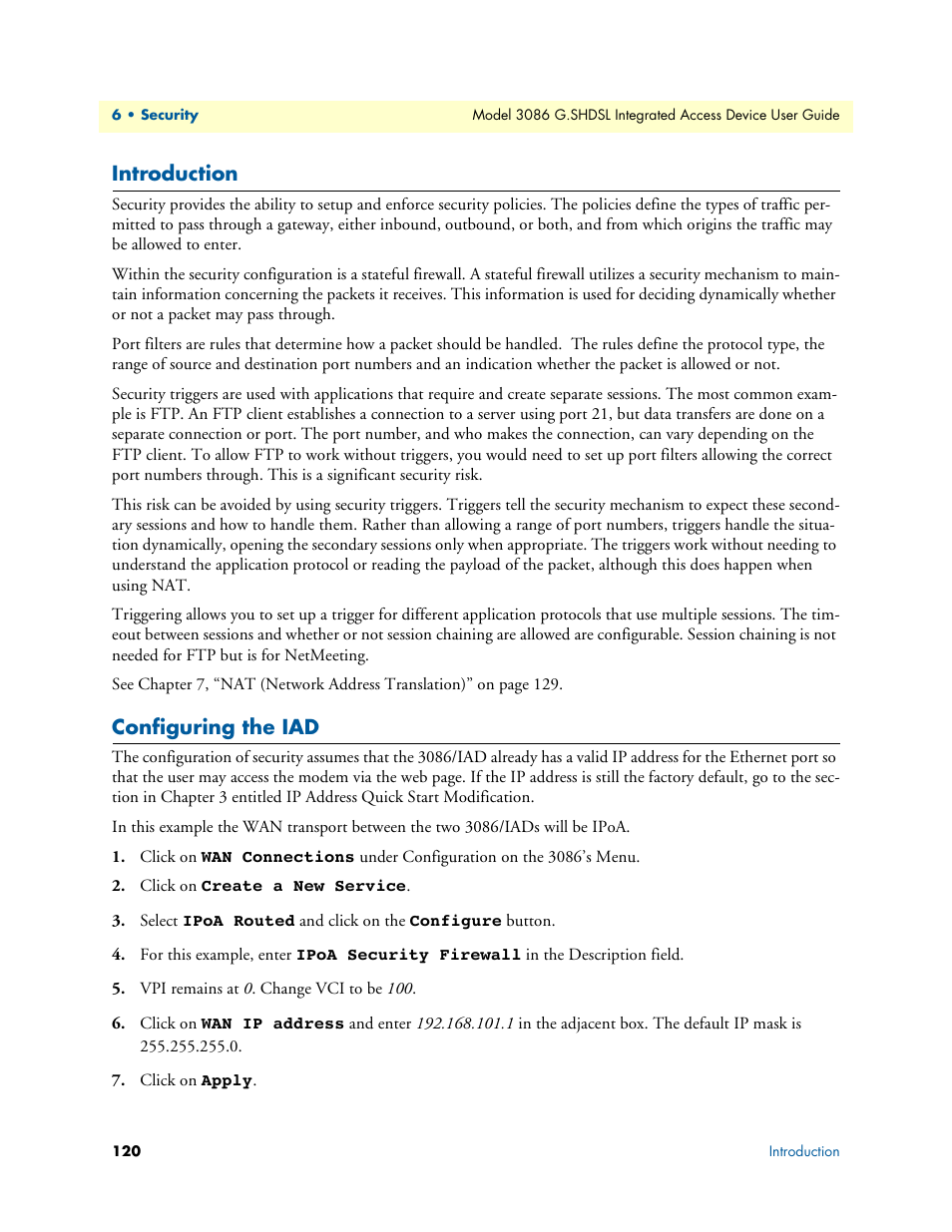 Introduction, Configuring the iad, Introduction configuring the iad | Patton electronic G.SHDSL INTEGRATED 3086 User Manual | Page 120 / 196