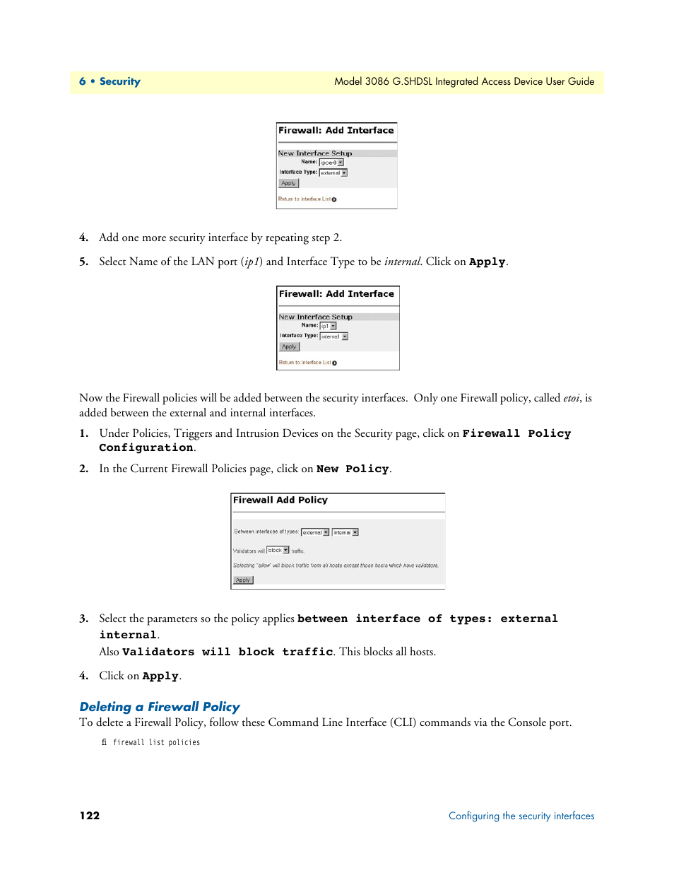 Deleting a firewall policy | Patton electronic G.SHDSL INTEGRATED 3086 User Manual | Page 122 / 196