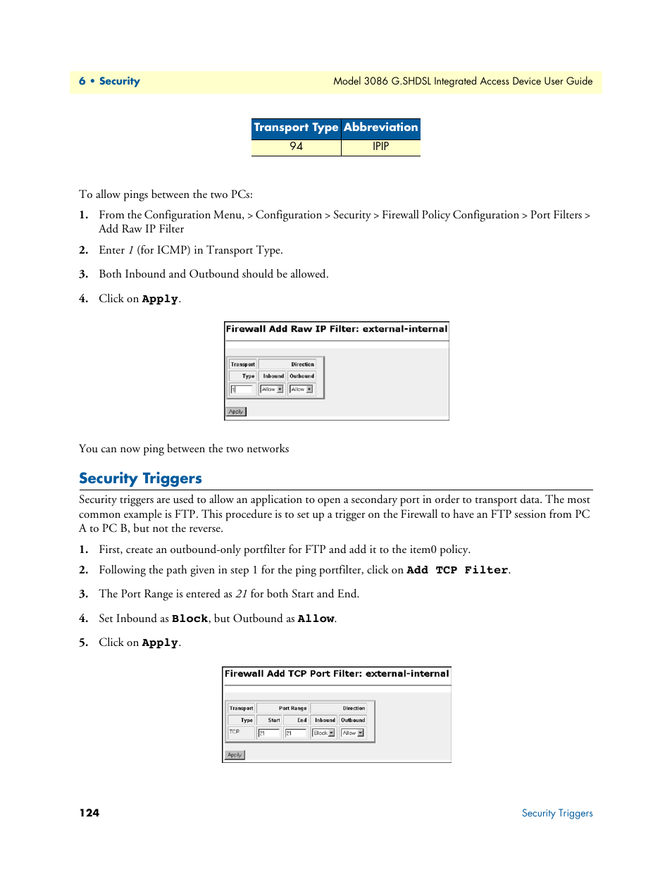 Security triggers | Patton electronic G.SHDSL INTEGRATED 3086 User Manual | Page 124 / 196