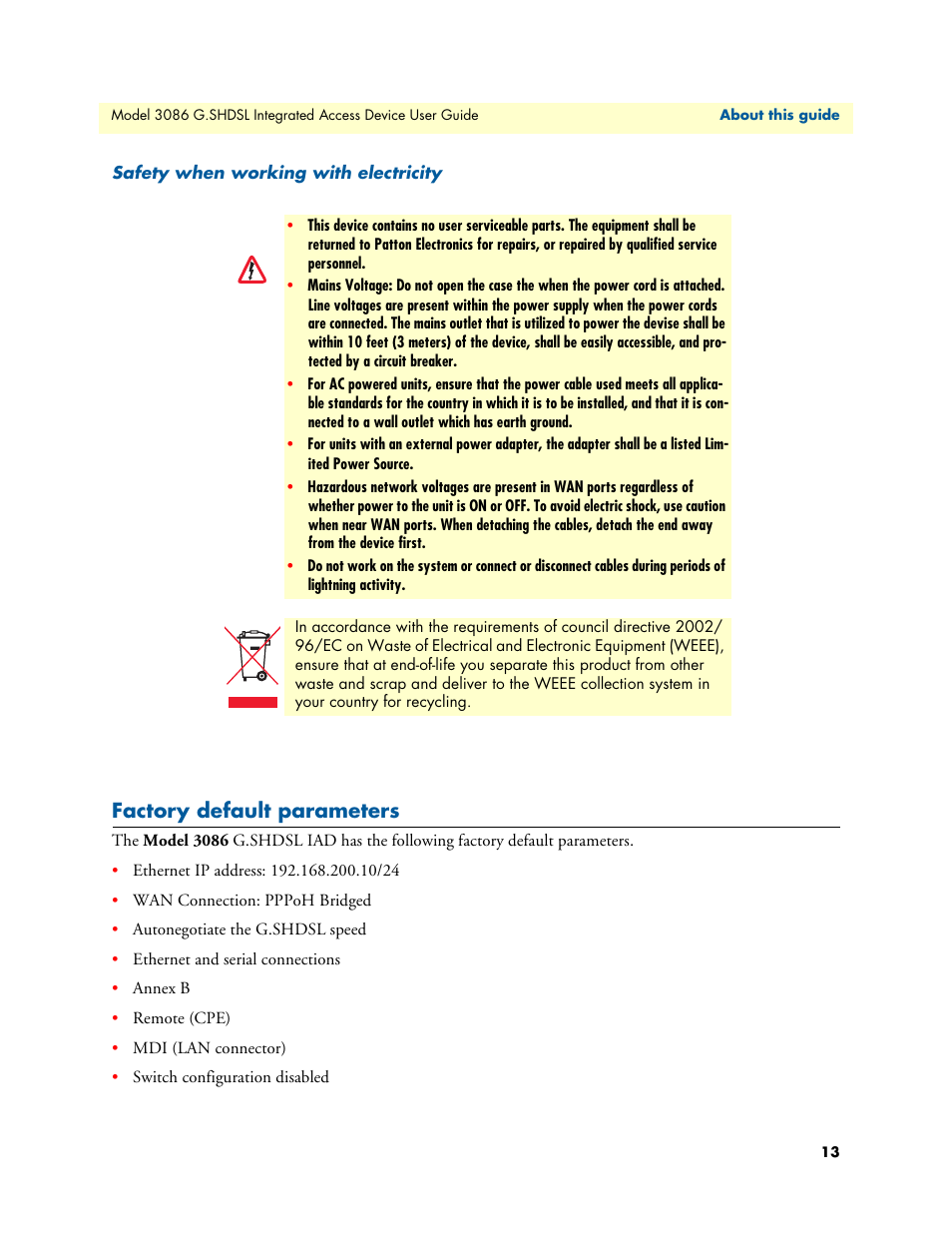 Safety when working with electricity, Factory default parameters | Patton electronic G.SHDSL INTEGRATED 3086 User Manual | Page 13 / 196