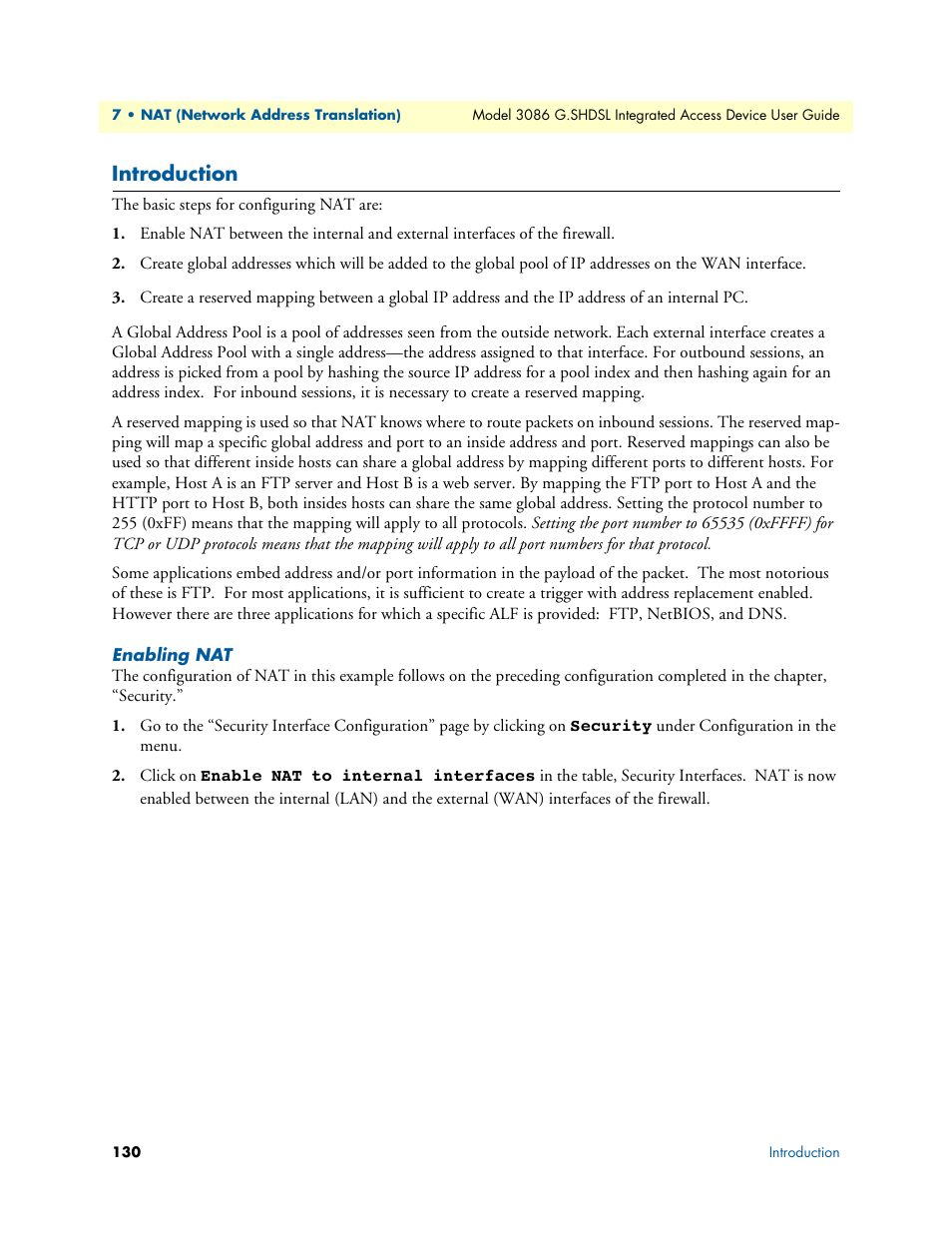 Introduction, Enabling nat | Patton electronic G.SHDSL INTEGRATED 3086 User Manual | Page 130 / 196