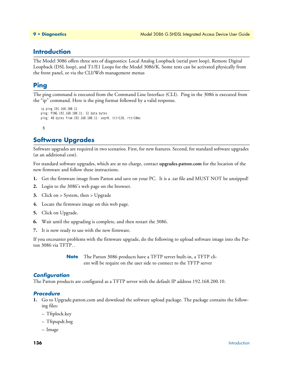 Introduction, Ping, Software upgrades | Configuration, Procedure, Introduction ping, Configuration procedure, Introduction ping software upgrades | Patton electronic G.SHDSL INTEGRATED 3086 User Manual | Page 136 / 196