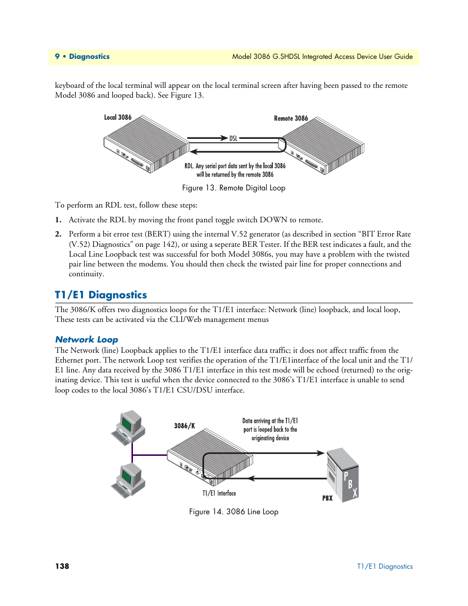 T1/e1 diagnostics, Network loop | Patton electronic G.SHDSL INTEGRATED 3086 User Manual | Page 138 / 196