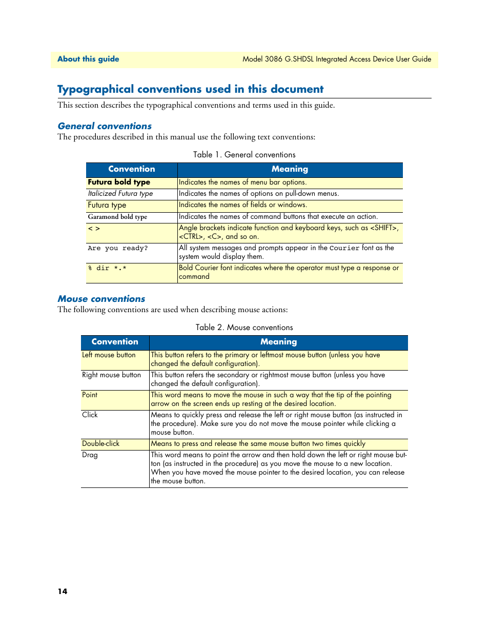 Typographical conventions used in this document, General conventions, Mouse conventions | General conventions mouse conventions | Patton electronic G.SHDSL INTEGRATED 3086 User Manual | Page 14 / 196