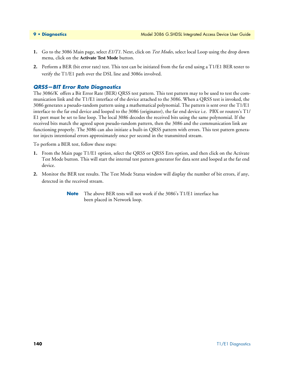 Qrss-bit error rate diagnostics, Qrss—bit error rate diagnostics | Patton electronic G.SHDSL INTEGRATED 3086 User Manual | Page 140 / 196