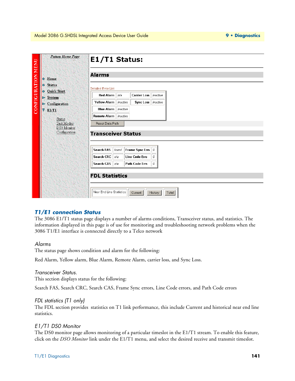 T1/e1 connection status, Alarms, Transceiver status | Fdl statistics (t1 only), E1/t1 ds0 monitor | Patton electronic G.SHDSL INTEGRATED 3086 User Manual | Page 141 / 196