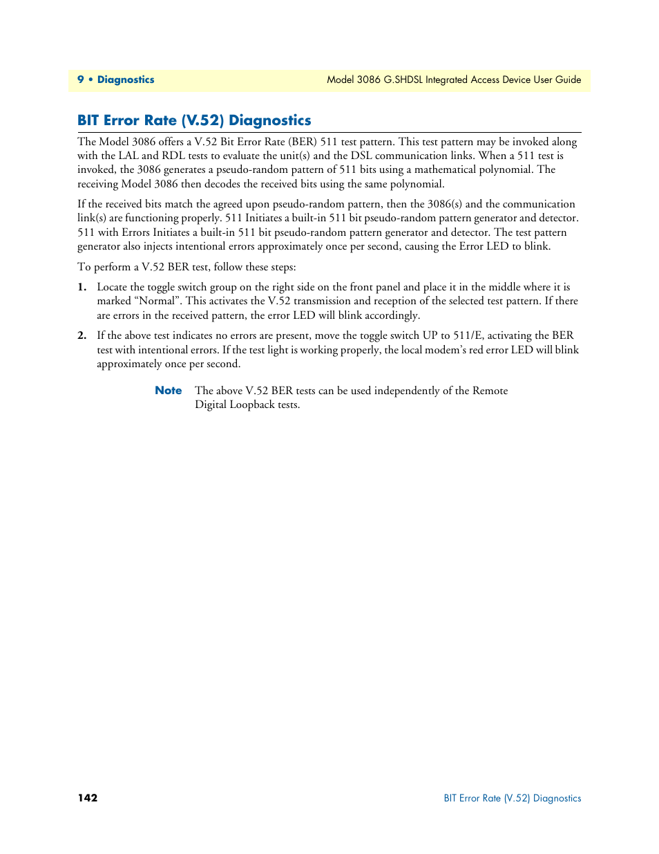 Bit error rate (v.52) diagnostics | Patton electronic G.SHDSL INTEGRATED 3086 User Manual | Page 142 / 196