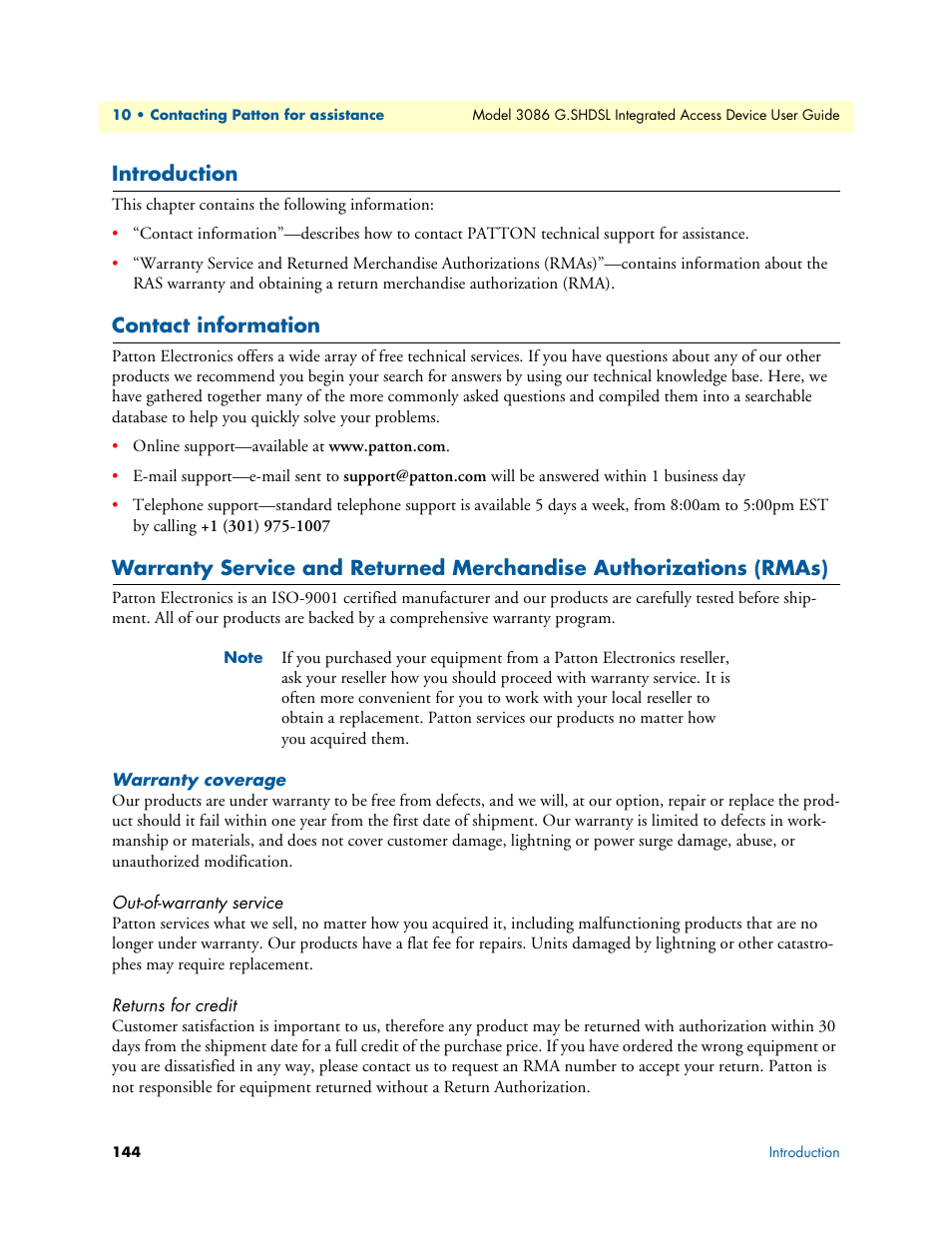 Introduction, Contact information, Warranty coverage | Out-of-warranty service, Returns for credit, Out-of-warranty service returns for credit | Patton electronic G.SHDSL INTEGRATED 3086 User Manual | Page 144 / 196