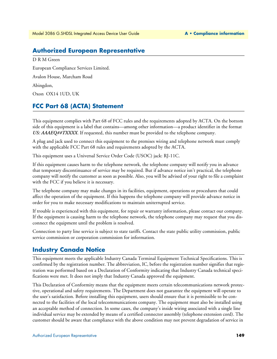 Authorized european representative, Fcc part 68 (acta) statement, Industry canada notice | Patton electronic G.SHDSL INTEGRATED 3086 User Manual | Page 149 / 196