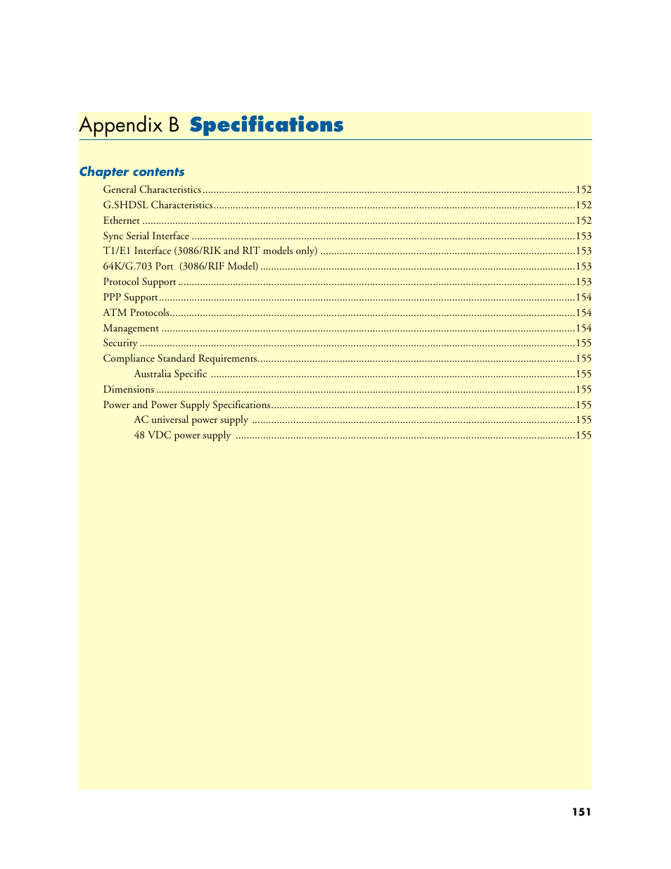 Appendix b specifications, B specifications, Appendix b | Patton electronic G.SHDSL INTEGRATED 3086 User Manual | Page 151 / 196