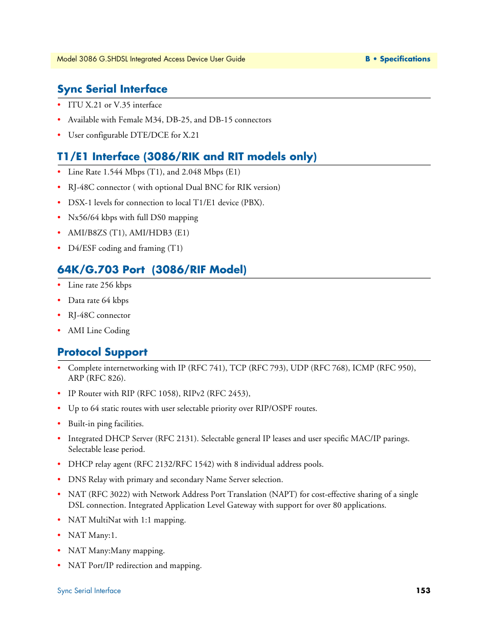 Sync serial interface, T1/e1 interface (3086/rik and rit models only), 64k/g.703 port (3086/rif model) | Protocol support | Patton electronic G.SHDSL INTEGRATED 3086 User Manual | Page 153 / 196