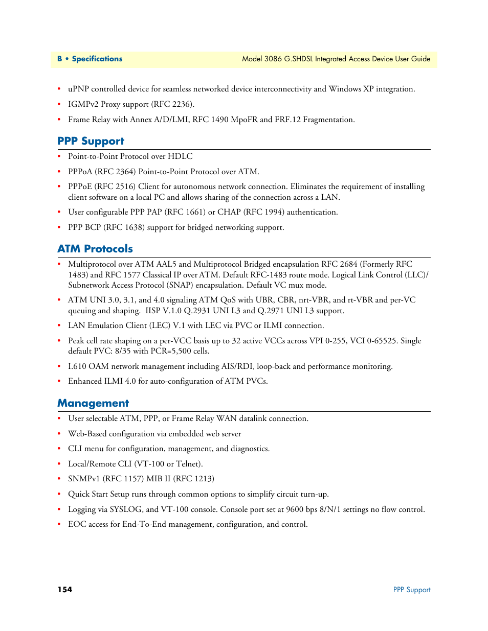 Ppp support, Atm protocols, Management | Ppp support atm protocols management | Patton electronic G.SHDSL INTEGRATED 3086 User Manual | Page 154 / 196