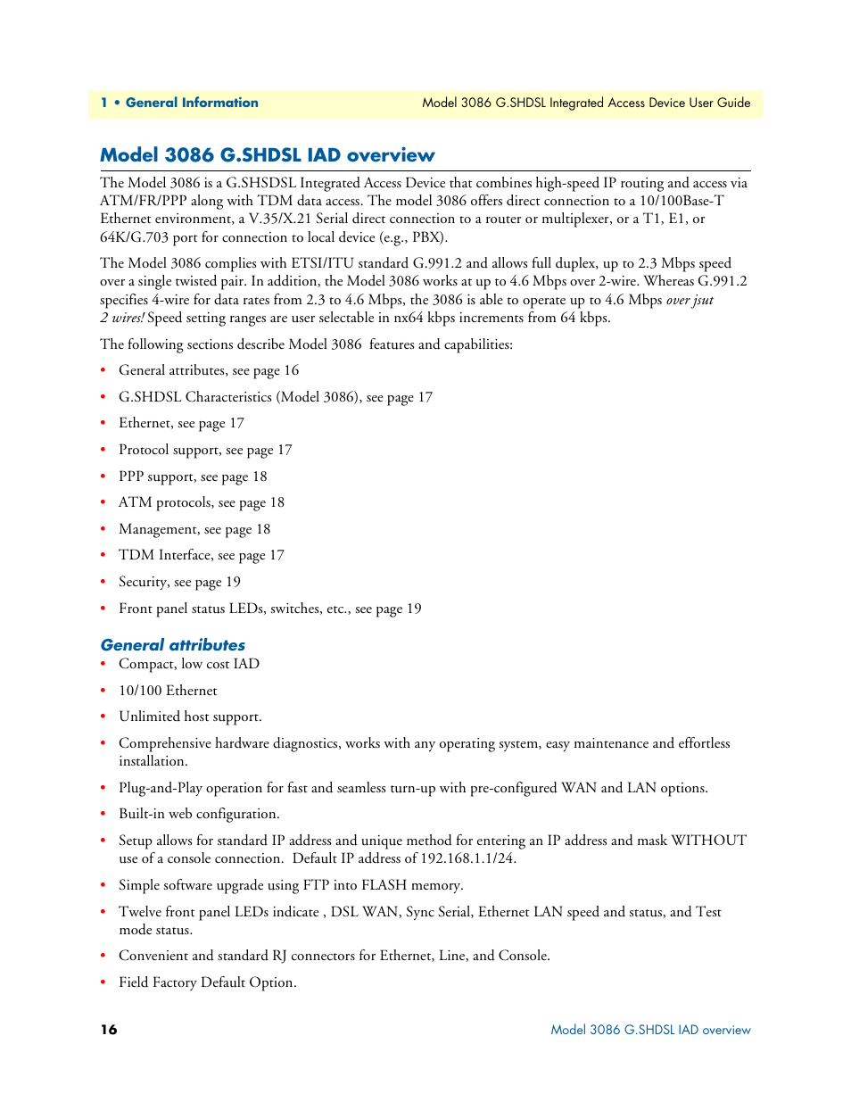 Model 3086 g.shdsl iad overview, General attributes | Patton electronic G.SHDSL INTEGRATED 3086 User Manual | Page 16 / 196