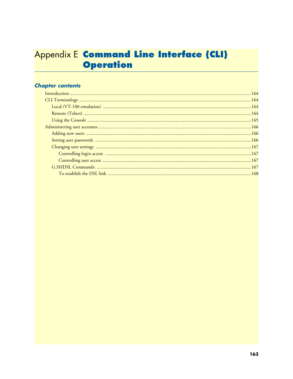 Appendix e command line interface (cli) operation, E command line interface (cli) operation, Appendix e des | Patton electronic G.SHDSL INTEGRATED 3086 User Manual | Page 163 / 196