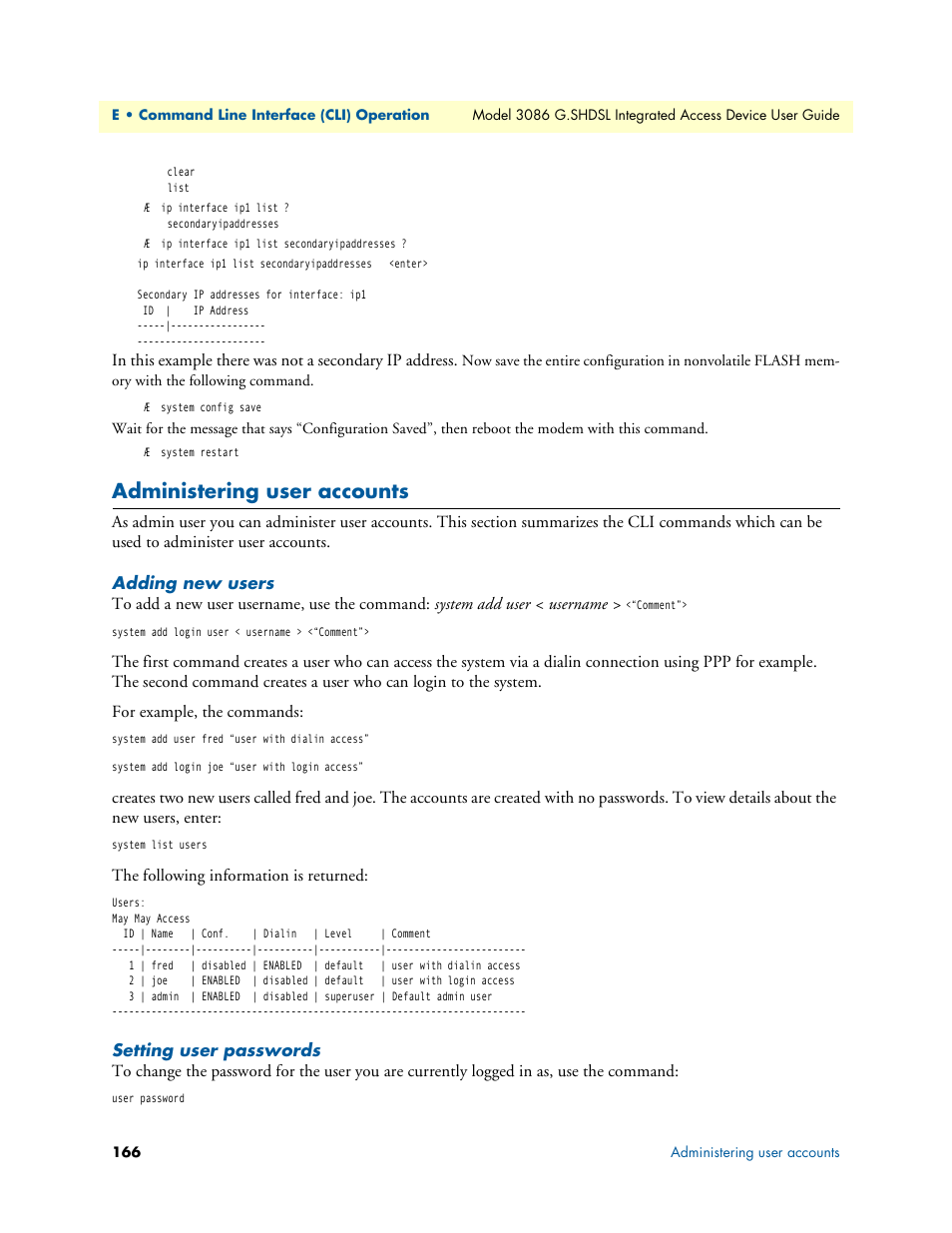 Administering user accounts, Adding new users, Setting user passwords | Adding new users setting user passwords | Patton electronic G.SHDSL INTEGRATED 3086 User Manual | Page 166 / 196