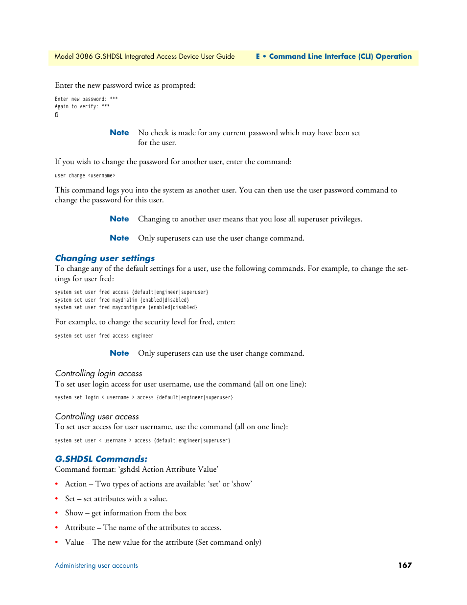 Changing user settings, Controlling login access, Controlling user access | G.shdsl commands, Controlling login access controlling user access | Patton electronic G.SHDSL INTEGRATED 3086 User Manual | Page 167 / 196