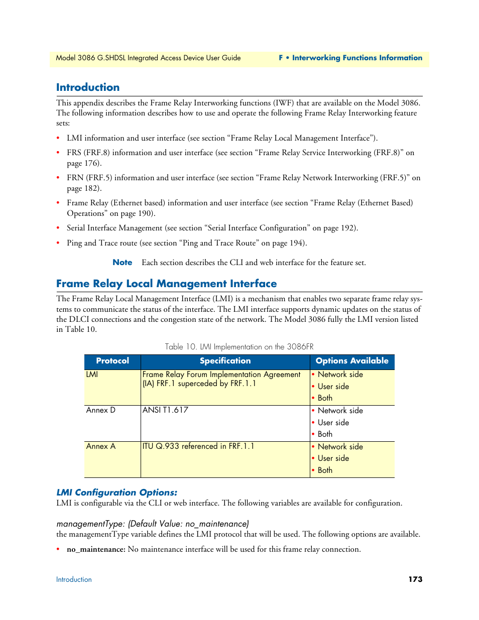 Introduction, Frame relay local management interface, Lmi configuration options | Managementtype: (default value: no_maintenance) | Patton electronic G.SHDSL INTEGRATED 3086 User Manual | Page 173 / 196