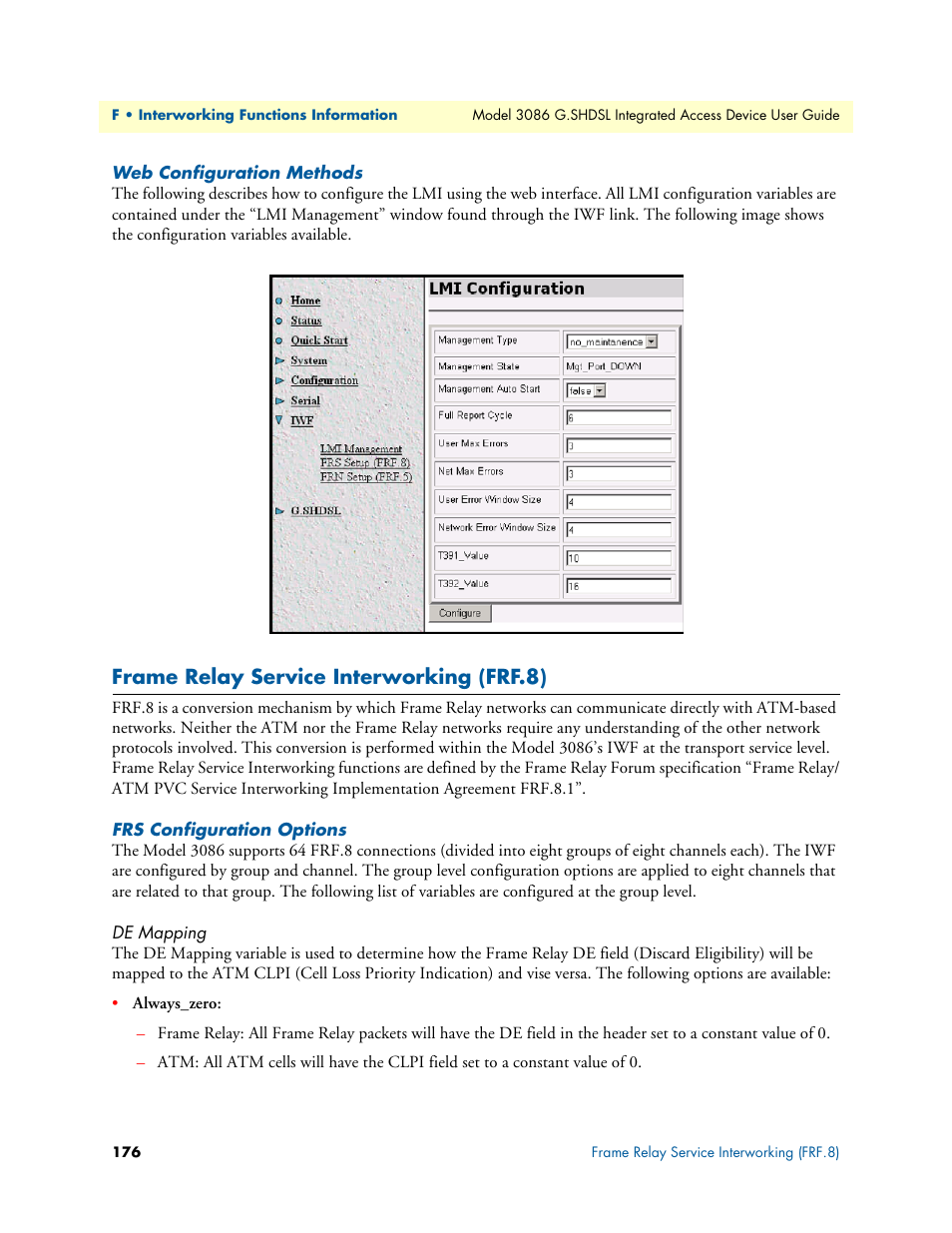 Web configuration methods, Frame relay service interworking (frf.8), Frs configuration options | De mapping | Patton electronic G.SHDSL INTEGRATED 3086 User Manual | Page 176 / 196