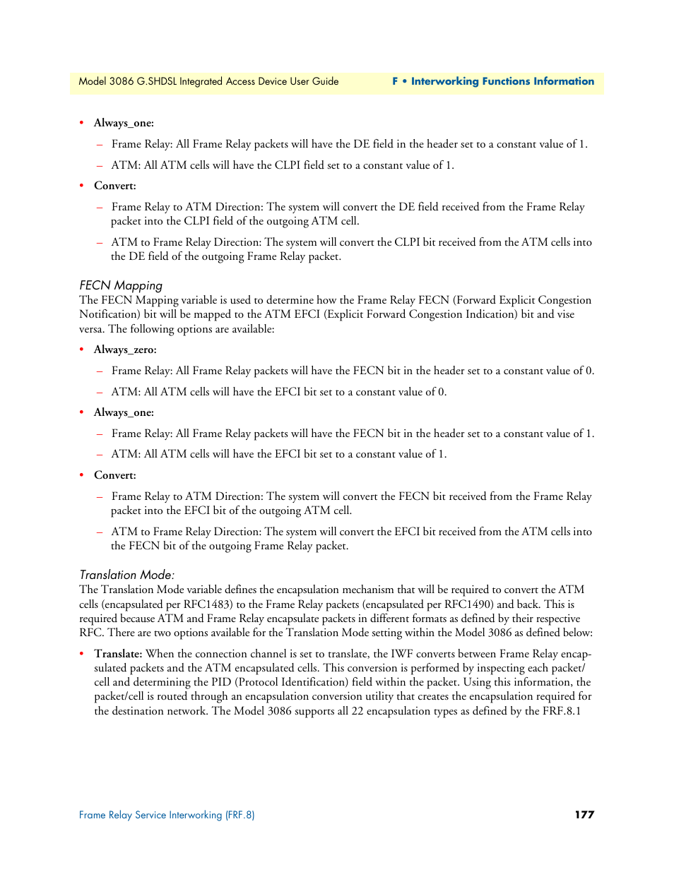 Fecn mapping, Translation mode, Fecn mapping translation mode | Patton electronic G.SHDSL INTEGRATED 3086 User Manual | Page 177 / 196