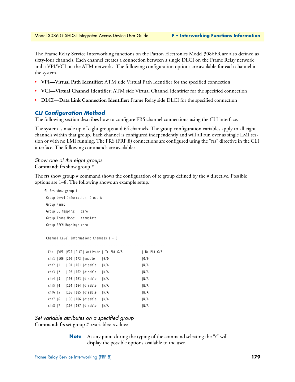 Cli configuration method, Show one of the eight groups, Set variable attributes on a specified group | Patton electronic G.SHDSL INTEGRATED 3086 User Manual | Page 179 / 196